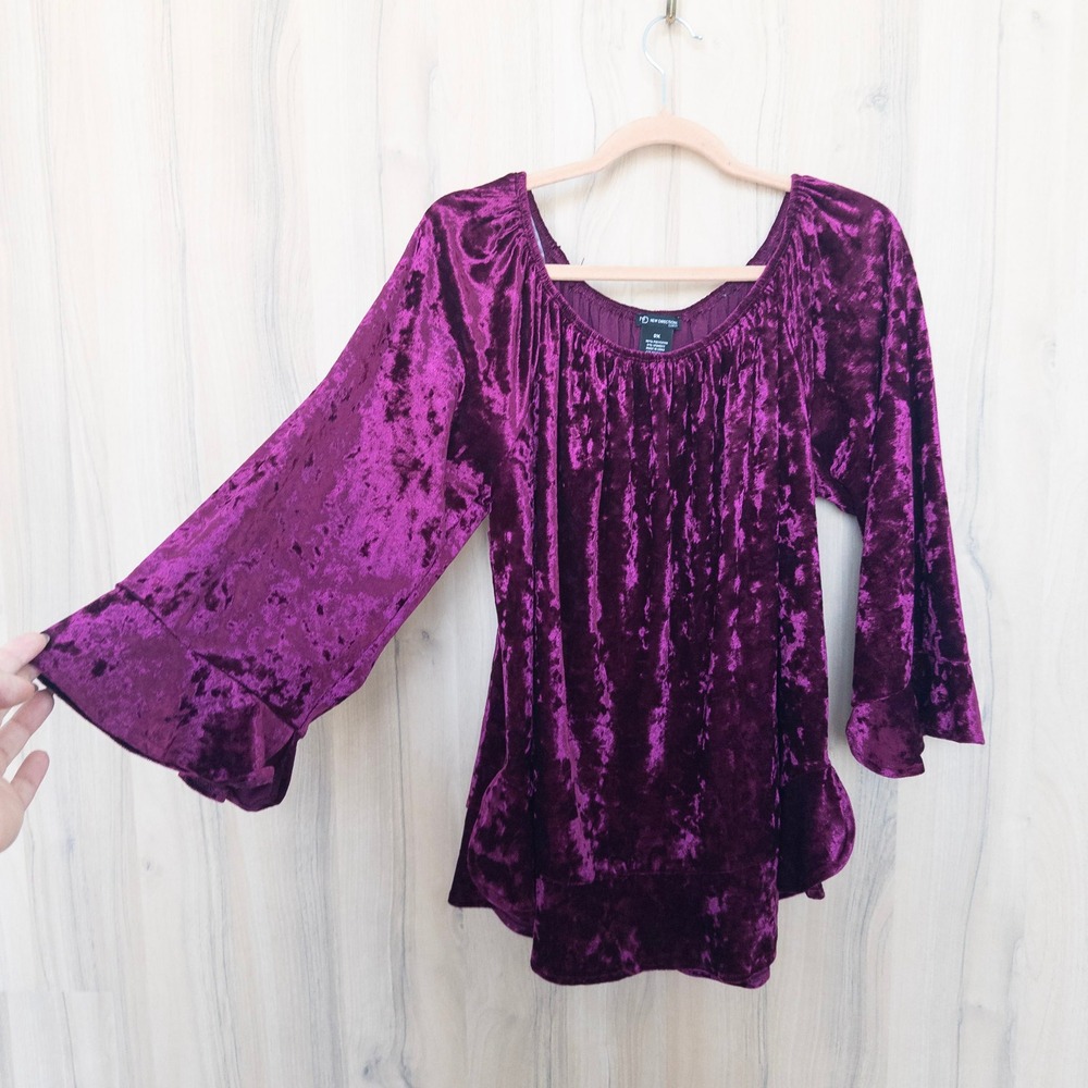 Womens Crushed Velvet Off Shoulder Top 0X Purple Bell Sleeve Whimsigoth Witchy